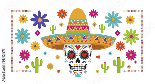 Day of the Dead Skull with Sombrero and Flowers.