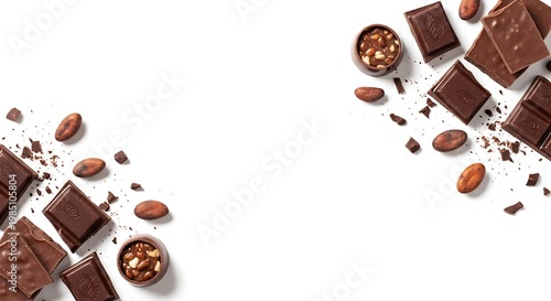 Chocolate and nuts on white background.