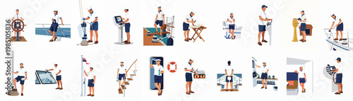 Comprehensive collection of flat vector illustrations depicting a male yacht crew member performing various professional duties on board a luxury ship.