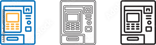 Three atm machine icons in different line styles color outline and solid