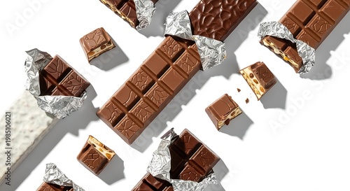 Chocolate bars and pieces on white.