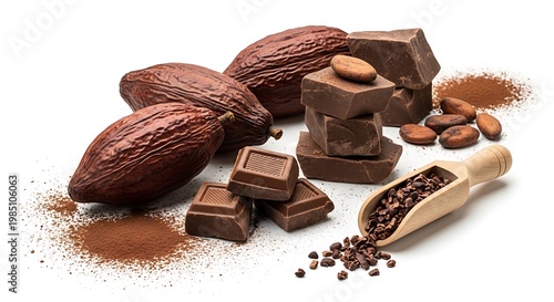Chocolate bars cocoa beans and powder.