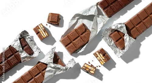 Chocolate bars and pieces on white.