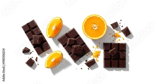 Chocolate bars with orange slices arranged.