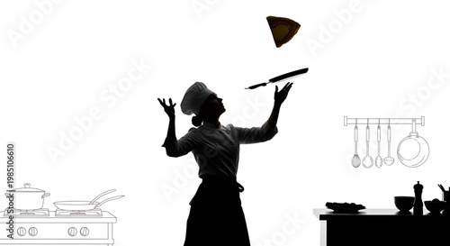 A chef in a kitchen tossing a pizza in the air with a spatula in a vector graphic illustration