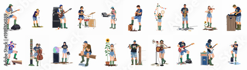 Comprehensive set of diverse musicians and singers performing at a muddy summer music festival in a flat vector illustration style.