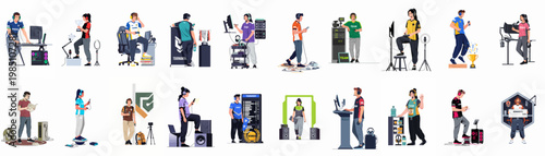 Large collection of flat vector illustrations depicting professional esports players, streamers, and tournament staff in various competitive gaming scenarios and roles.