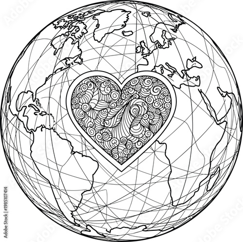 Zentangle heart inside a globe illustration for coloring.