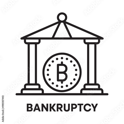 Line art illustration depicting a bankruptcy symbol with a bitcoin design