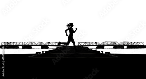 A woman runs along a waterfront path with a bridge in the background in silhouette