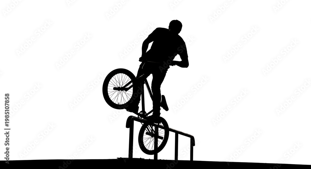 Naklejka premium A silhouette of a man performing a trick on a bicycle against a white background