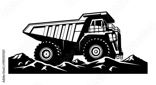 Massive Mining Dump Truck Silhouette on Rocky Terrain, Industrial Haulage