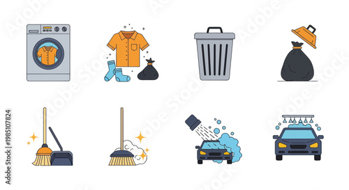 Household Chores Icons: Laundry, Cleaning, Trash, and Car Wash