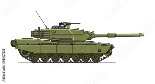 Olive Green Main Battle Tank Side View Illustration Isolated on White