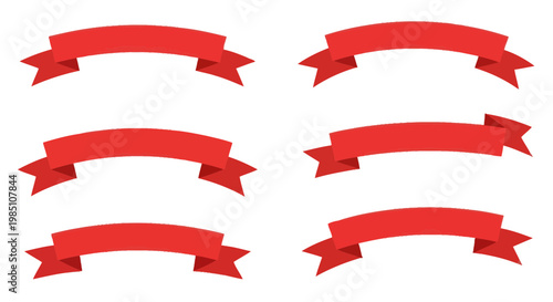 Set of Six Red Ribbon Banners on White Background