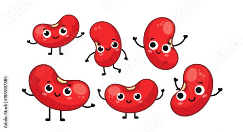 Cute Cartoon Red Kidney Beans Characters Dancing and Waving