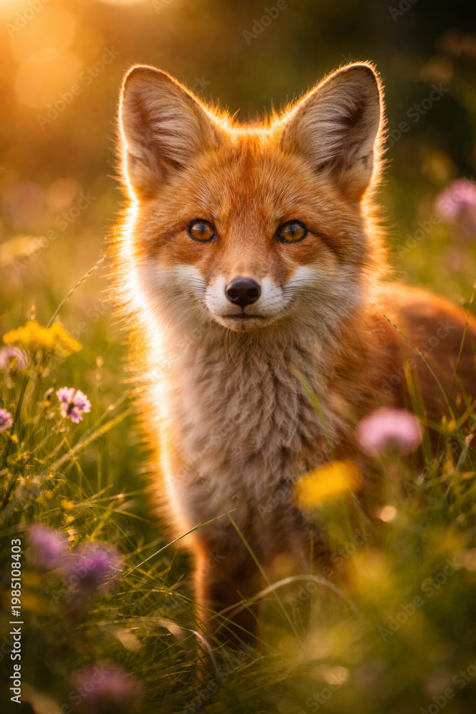 Fototapeta premium Close-up of a beautiful red fox in a flower field