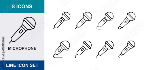 8 Microphone linear icons audio equipment, sound recording, karaoke device, UI and web interface design