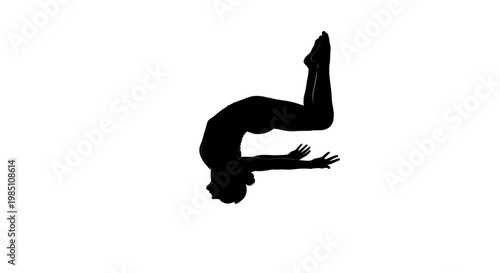 A black silhouette of a person doing a yoga pose on a white background
