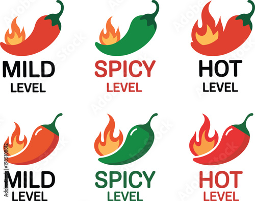 Set of six flat showing red and green chili peppers with orange flames representing mild spicy and hot heat levels for food menus and packaging labels on a white background