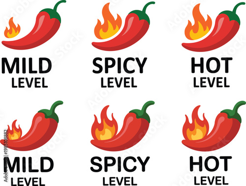 Set of six red chili pepper with varying flame sizes representing mild spicy and hot heat levels for food menu labeling and spice intensity indicators on a clean white background