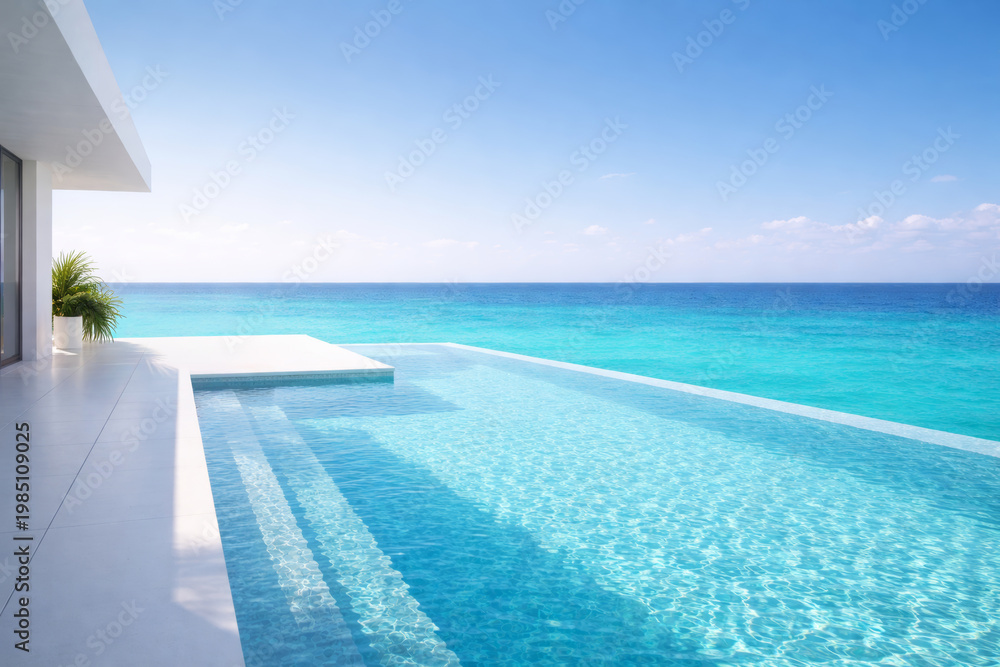 Fototapeta premium Modern infinity pool overlooking tranquil blue ocean and sky