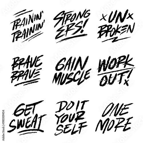 Set of Hand drawing, Lettering Fitness gym stickers quotes 1
