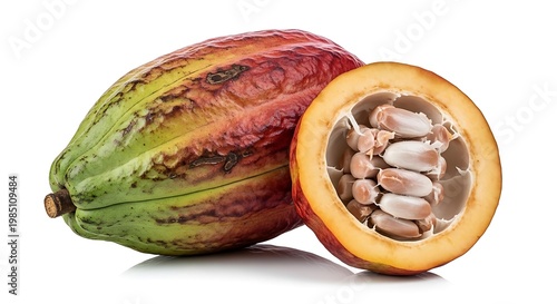 Cocoa pod and cacao beans inside.