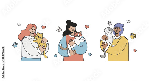 Three diverse people holding their beloved pets in a heartwarming illustration.