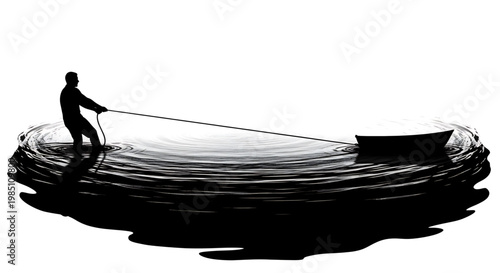 A black silhouette of a man pulling a boat through the water with a rope