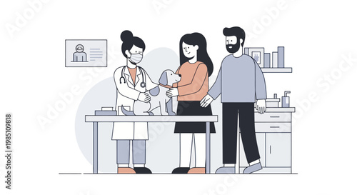 Veterinarian Examining Pet with Owners at Clinic.