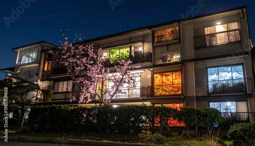 窓ごとに異なる四季の風景が見える日本の団地の超現実的な夜景