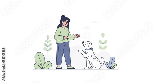Woman training her dog in an outdoor setting.