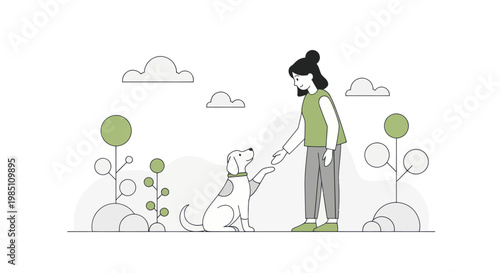 Woman training her dog to shake hands in a park.