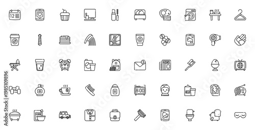Morning routine icon set. Daily vector icons pack. Minimal linear icons for calendar, coffee, shower, breakfast, alarm clock and more. Editable stroke.
