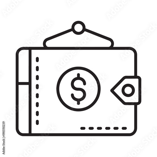 Line art illustration of a hanging wallet with a dollar sign