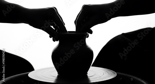 A person's hands shaping a clay pot on a pottery wheel in a studio
