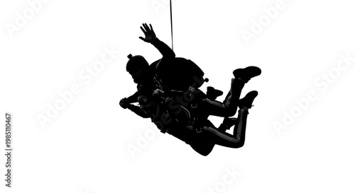 A silhouette of two scuba divers suspended in water with a rope