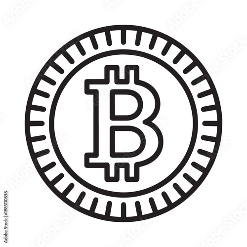 Simple black and white line art illustration of a bitcoin cryptocurrency coin