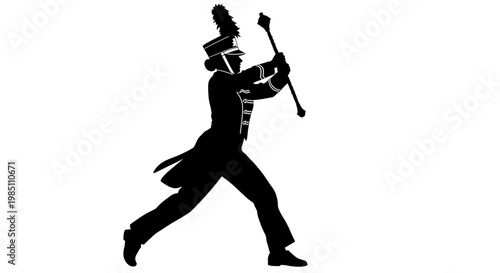 A black silhouette of a marching band drum major in action, playing a mace on a white background