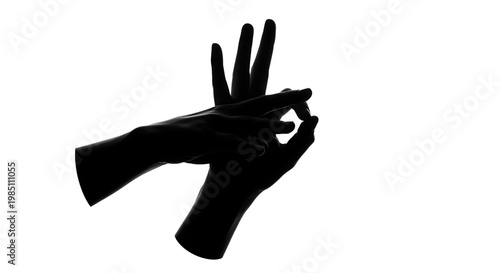 A black silhouette of two hands signing in American Sign Language on a white background