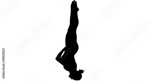 A black silhouette of a woman doing a handstand against a white background