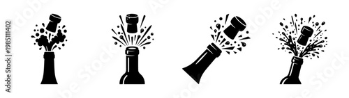 Champagne bottle popping vector illustration set for celebration events and festive designs use 