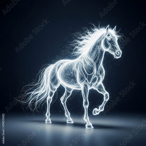 Powerful horse formed from flowing light and soft glowing particles