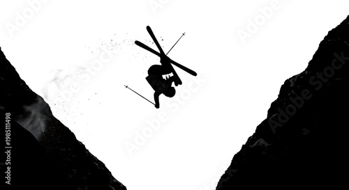 A vector graphic illustration of a skier in mid-air, performing a daring stunt between two mountains.
