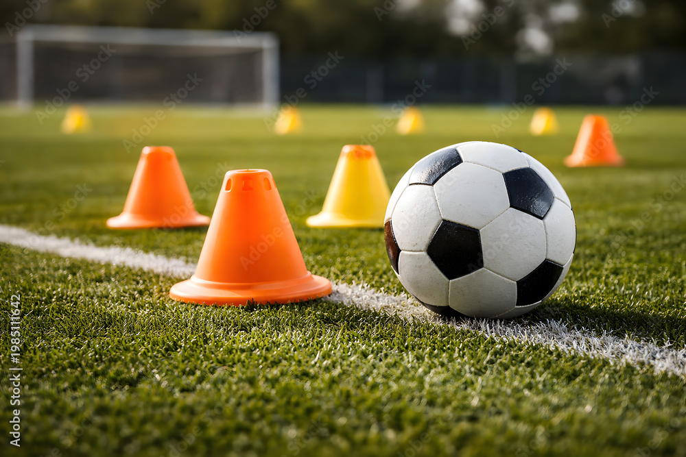 Naklejka premium Soccer ball with training cones on green grass field for football practice