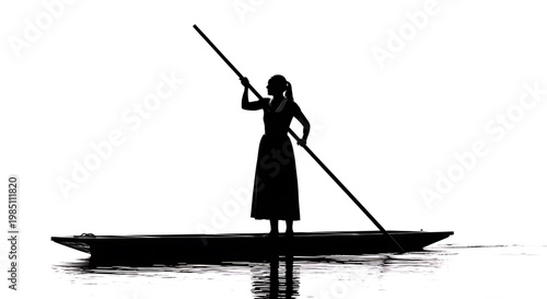 A serene silhouette of a woman standing in a boat, gently paddling through calm waters.