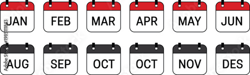 Twelve rectangular calendar arranged in two rows with red and black headers showing abbreviated month names from january to december in bold black sans serif typography on white backgrounds