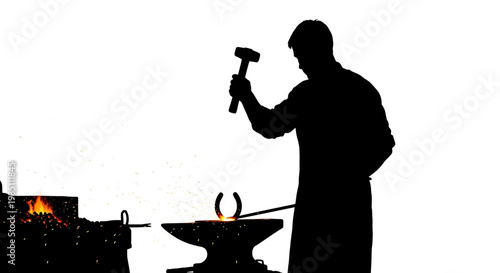 A black silhouette of a man working as a blacksmith with a hammer and anvil in a workshop