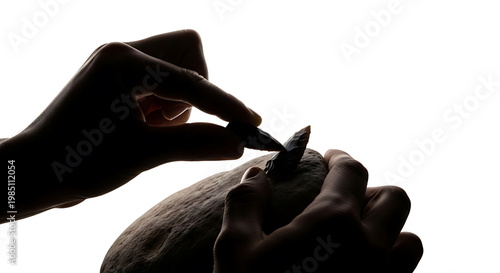 A silhouette of a person carving a sculpture with a chisel